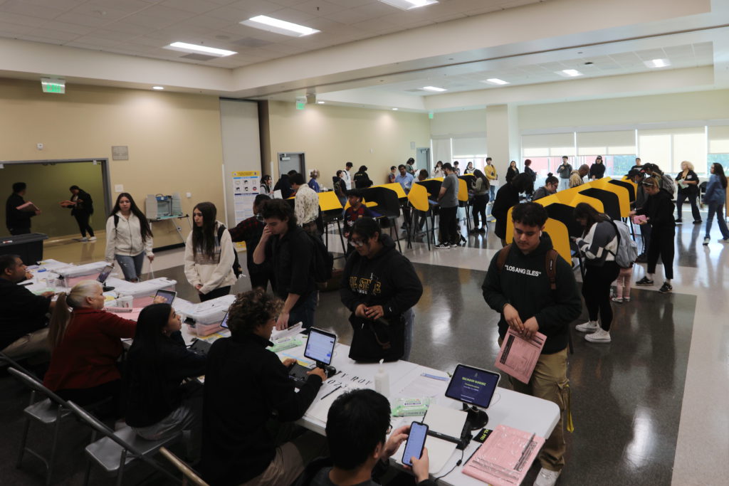 votantes hacen fila para registrarse en un colegio electoral durante las elecciones presidenciales estadounidenses de 2024 en el condado de Los Ángeles, California, Estados Unidos, el 5 de noviembre de 2024. 